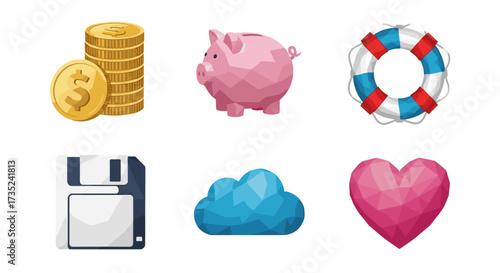 Illustration of coins piggy bank life preserver floppy disk cloud and heart