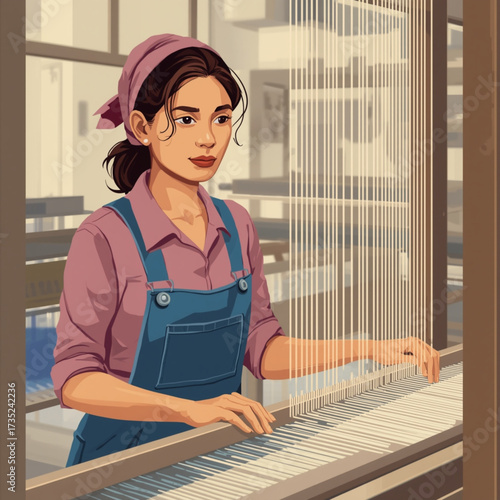 Young woman weaving fabric on a traditional loom