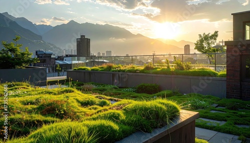 Daylight View on Rooftop Garden with Green Plants and Brick Building Against Mountainous Backdrop
