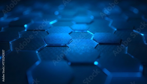 A blue glowing hexagon pattern on a dark background, creating a futuristic and technological feel