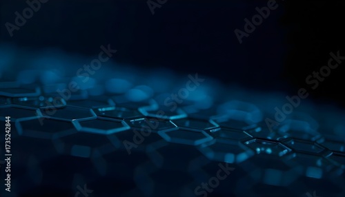 A blue glowing hexagon pattern on a dark background, creating a futuristic and technological feel