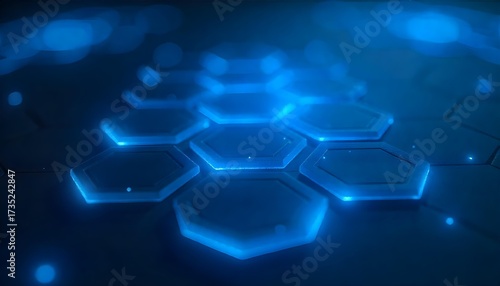 A blue glowing hexagon pattern on a dark background, creating a futuristic and technological feel