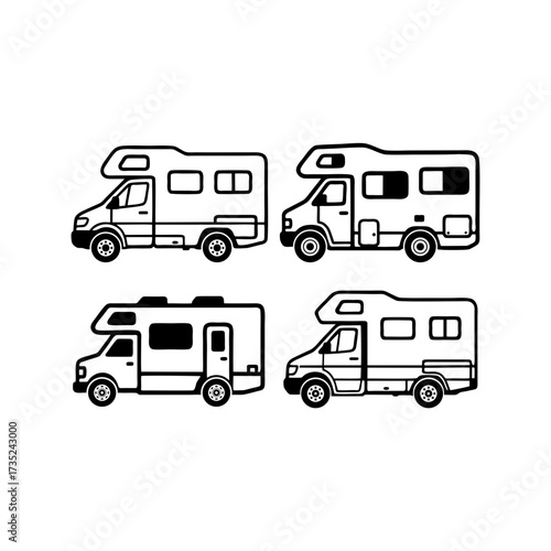 vector illustration line art RV camper van set