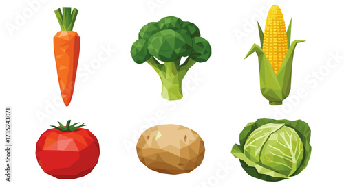 Illustration of six different vegetables including carrot and broccoli