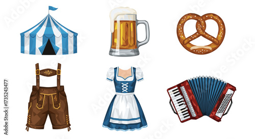 A collection of oktoberfest themed items including tent beer and clothing