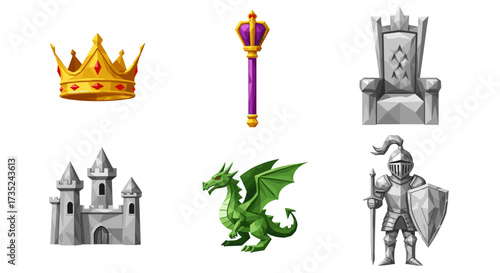 Illustration of a crown scepter throne castle dragon and knight armor