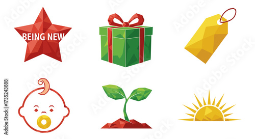 Illustration of a star gift tag baby sprout and sun against white space