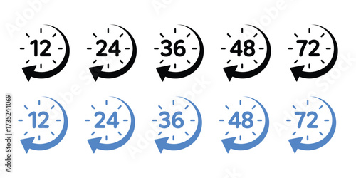 Hour icon with 12 and 24 clock formats, for 48h or 72h fast delivery and special day sales icon vector. clock symbol. vector illustration.