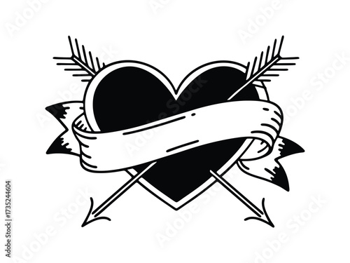 Black heart pierced by two arrows with a banner