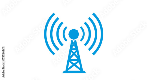 Illustration of a blue communication tower emitting signal waves around it