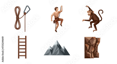 Illustrations depicting climbing equipment and a climber and a monkey