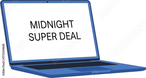 Laptop screen displays midnight super deal promotion for online shopping