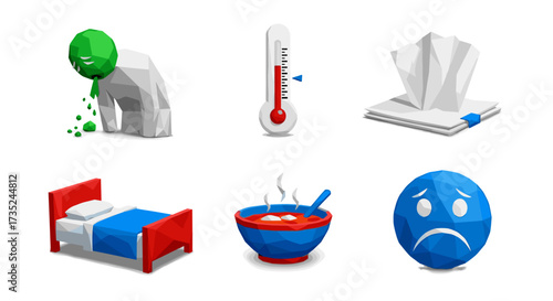 Icons depicting sickness including vomiting thermometer tissues and soup