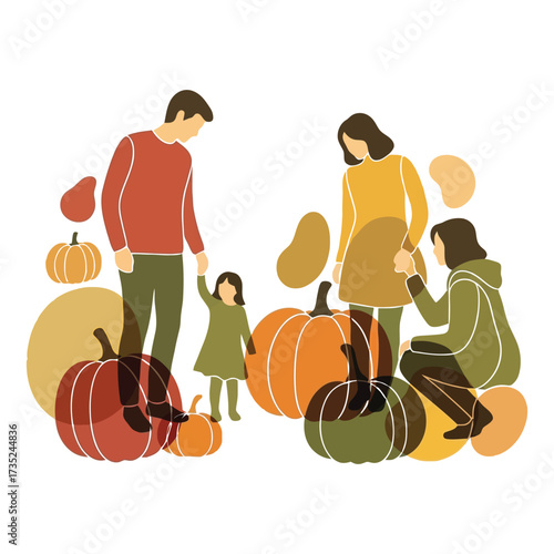 Happy family chooses perfect pumpkins at autumn patch fall harvest fun