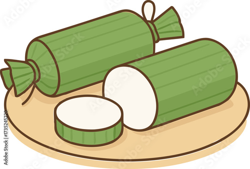Traditional Indonesian lontong, cylinder rice cake wrapped in banana leaf