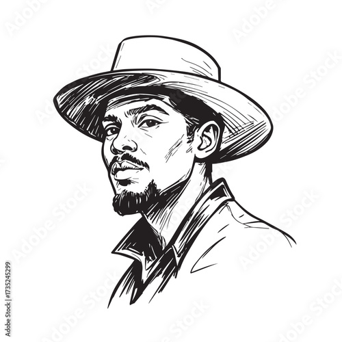 black and white a man illustration wearing hat