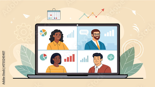Business team video conference on laptop for online meeting
