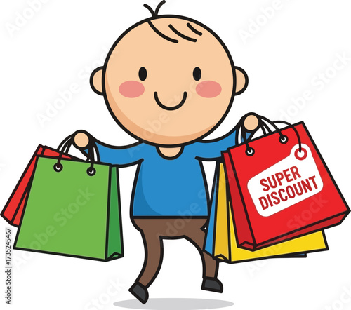 Happy person carrying shopping bags with a super discount tag, celebrating consumerism