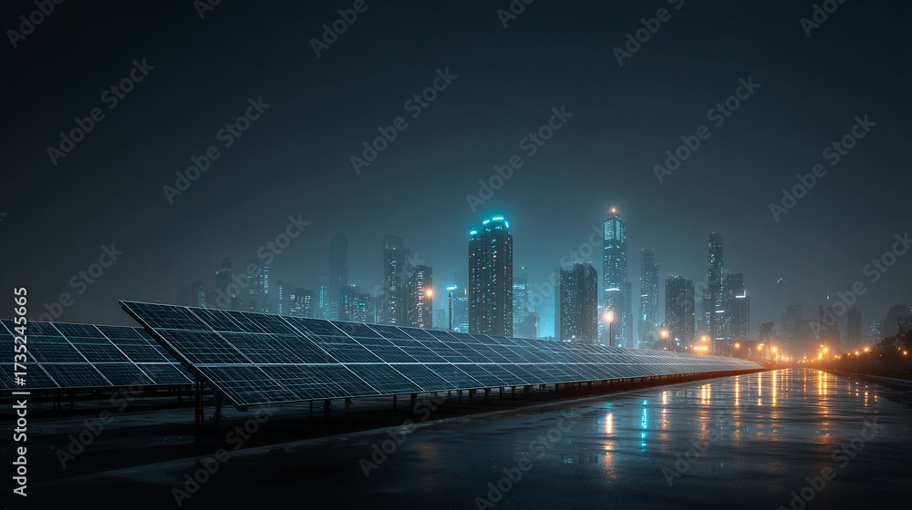 Fototapeta premium Futuristic solar panels with glowing smart city skyline.