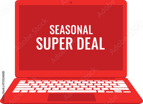 Bright red laptop displays "SEASONAL SUPER DEAL" text, perfect for online promotions and sales.