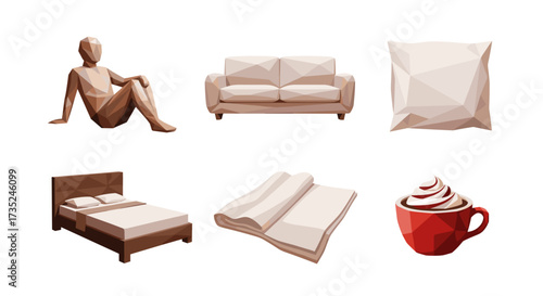 Illustration of a mannequin, couch, bag, bed, blanket, and a red mug