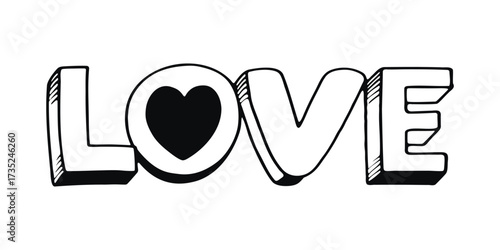 Hand drawn word love with a heart inside the letter o, 3d effect, black and white