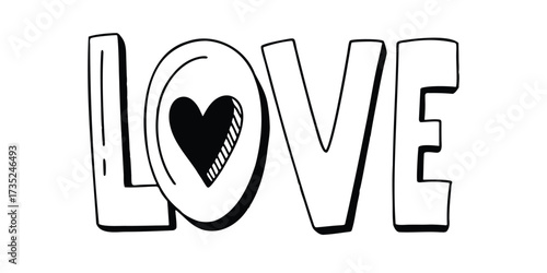 Hand drawn word love with a heart inside the letter o, 3d effect, black and white