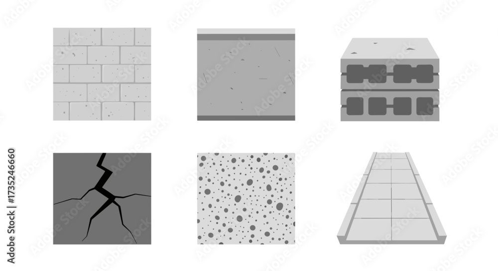 Illustration of different building blocks and wall textures in gray scale