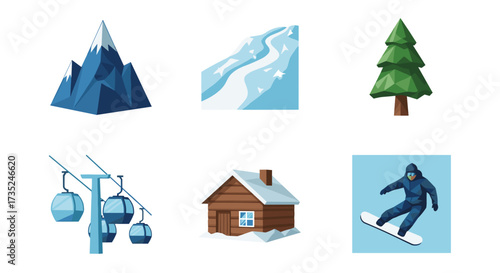 A winter scene with mountain, ski lift, cabin, tree and snowboarder art