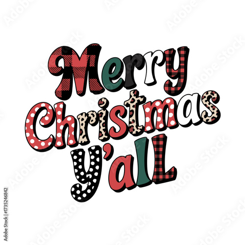 Illustration of merry christmas yall lettering with plaid and polka dot pattern