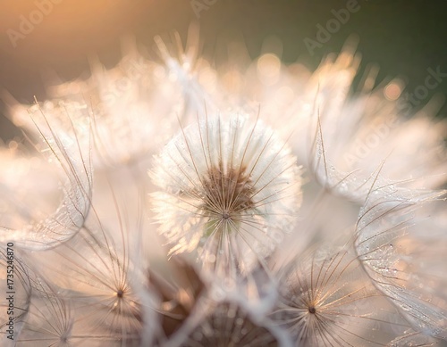 Dandelion Seed Head Macro with Bokeh Golden Light and Dew Drops Abstract Nature Art Photography Detailed Delicate Structure Close Up