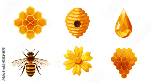 Illustration of honeycombs, beehive, honey drop, bee and yellow flower set