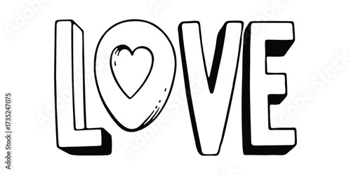 Hand drawn word love with a heart inside the letter o, 3d effect, black and white