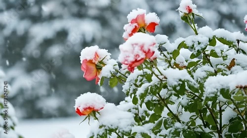 Delicate Roses Covered in Fresh Snow in a Winter Garden.