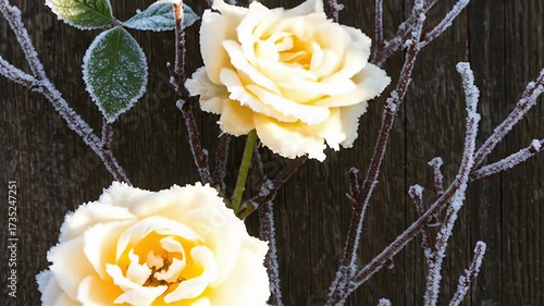 Delicate white roses covered in frost on a cold winter morning.