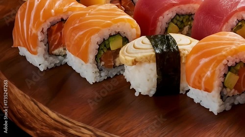 Delicious Assortment of Fresh Sushi Rolls and Nigiri on a Wooden Platter.