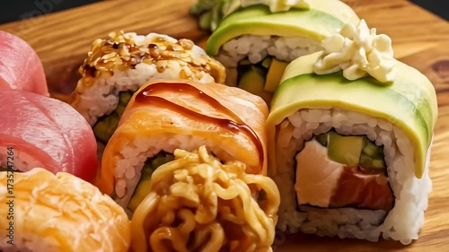 Delicious Assortment of Sushi Rolls on a Wooden Board.