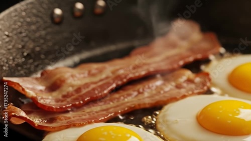 Delicious Bacon and Eggs Cooking in a Hot Skillet Breakfast Meal.