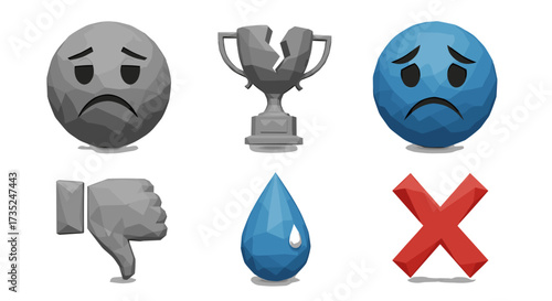 Collection of sad icons including broken trophy and thumbs down symbol