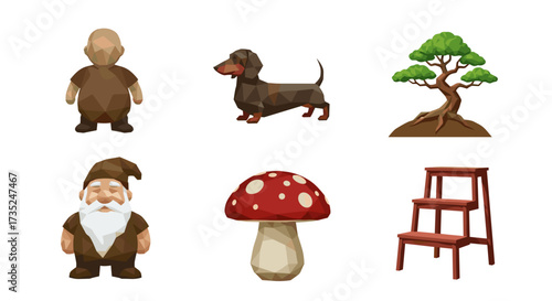 Illustration of garden gnome, dachshund, bonsai tree and other objects
