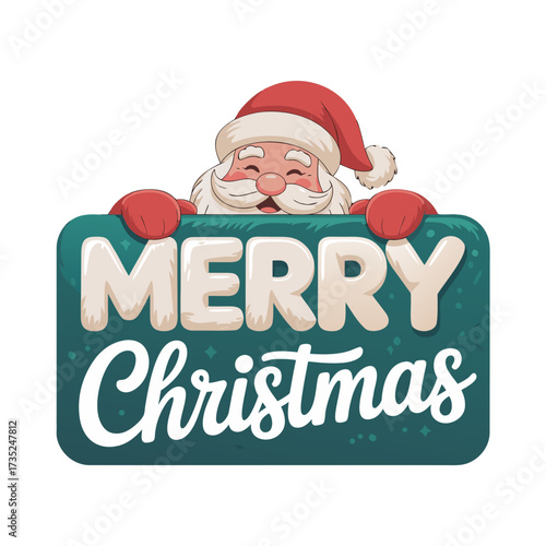 Illustration of santa claus peeking over a sign that says merry christmas