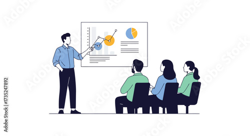 Business Presentation with Data Charts and Audience, Illustrating Corporate Strategy and Professional Training for Financial Analysis or Business Growth