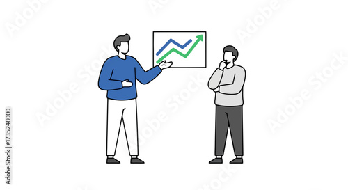 Business Presentation Illustration Showing Positive Growth Charts and Team Discussion for Corporate Strategy and Financial Analysis Presentations.