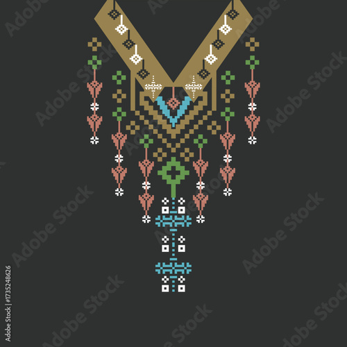 Pixel ethnic boho ornament necklace pattern. Colorful necklace embroidery on the fabric. Vector illustration. Design for a collared shirt, neckline border.