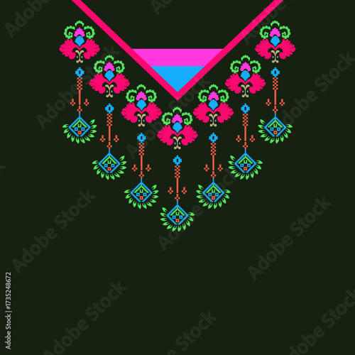 Ukrainian folk embroidery. Embroidery pattern in the style of embroidery on a black background. Vector necklace with a pink and blue ikat pattern. Shirt or blouse design border.