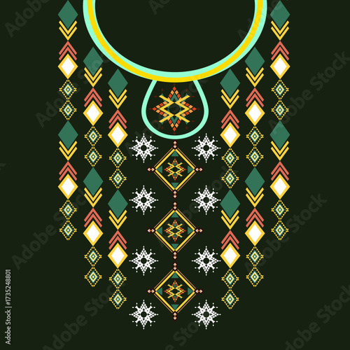 Green, yellow, and red ethnic boho ornament necklace. Embroidery on fabric. Neckline border design. Ideas for collar, shirt, or blouse neckline patterns. 