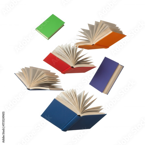 Colorful books floating open and closed isolated on a transparent background
