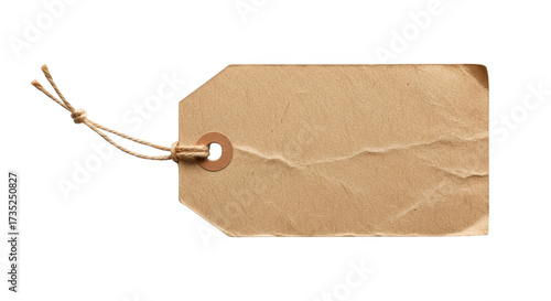 Crumpled brown kraft paper tag isolated on white background featuring tag, label, price, gift, ticket minimalist