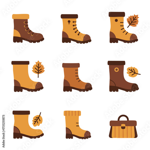 A grid displays nine images of boots and a satchel each rendered in brown and tan tones