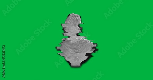 Animation of ancient bust sculpture turning with glitch on transparent background